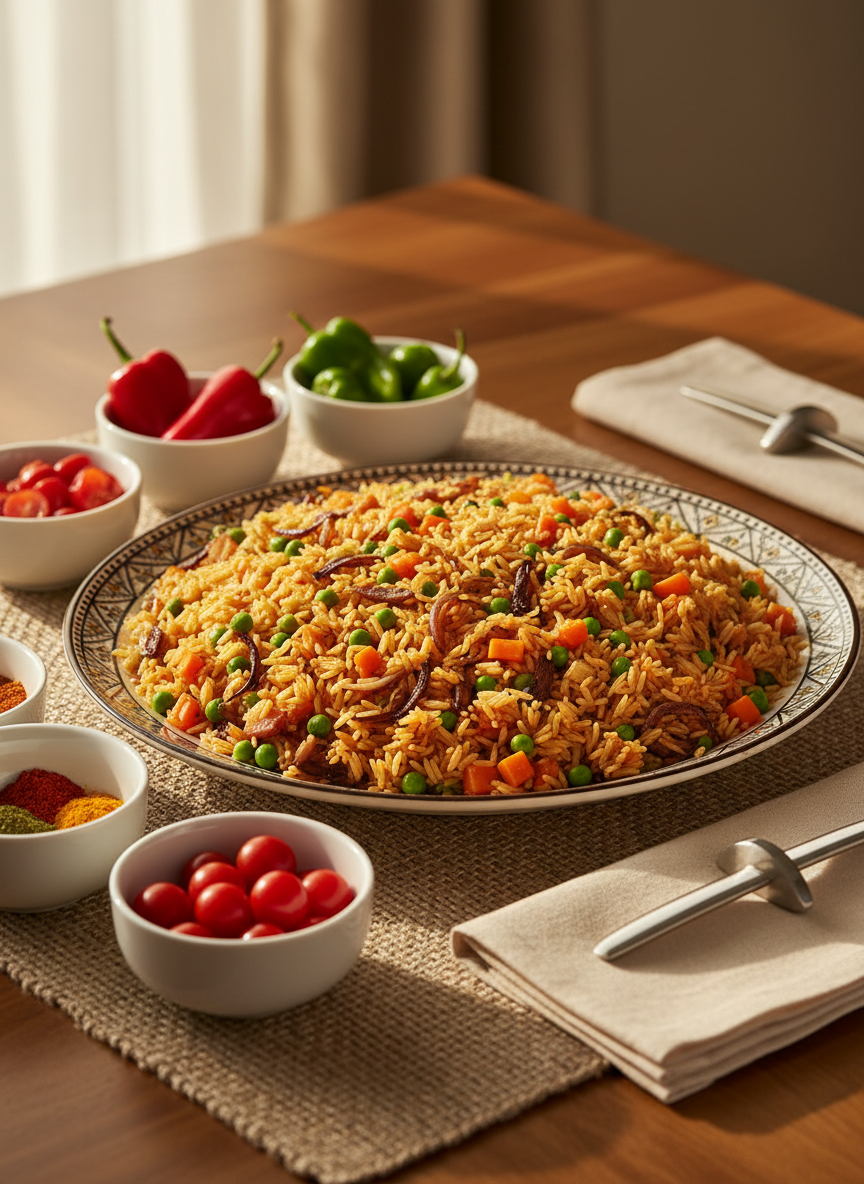 An elegant overhead photographic view of a generously filled platter of Liberian jollof rice, each grain distinct and slightly glossy, flecked with bright green peas, orange carrot cubes, and charred onion slivers. Around the platter, smaller ceramic bowls hold neatly arranged fresh ingredients—tomatoes, peppers, spices—hinting at the recipe’s narrative. The setting is a refined dining table with a woven natural-fiber runner and simple neutral-toned linen napkins, no people visible. Soft golden-hour window light washes across the scene, casting long, delicate shadows and a warm glow. The composition follows the rule of thirds, with the jollof slightly off-center and space for negative background blur, creating a polished, sophisticated cookbook aesthetic that feels warm and welcoming.