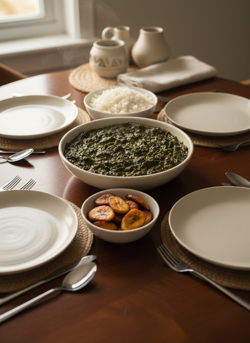 A polished wooden table set for a shared Liberian meal, featuring a central serving bowl of cassava leaf stew, its deep green color and velvety texture photographed in crisp detail. Surrounding it are smaller bowls of fluffy white rice and fried plantains, along with subtly styled, empty ceramic plates and simple, modern cutlery, suggesting communal dining without showing people. Natural daylight from a nearby window creates soft highlights on the glossy stew and gentle reflections on the table surface. Shot at eye level with moderate depth of field, the background falls into a tasteful blur of neutral-toned textiles and understated decor. The overall atmosphere is warm, intimate, and sophisticated, conveying the social nature of Liberian food and the cookbook’s role in bringing cultures together.