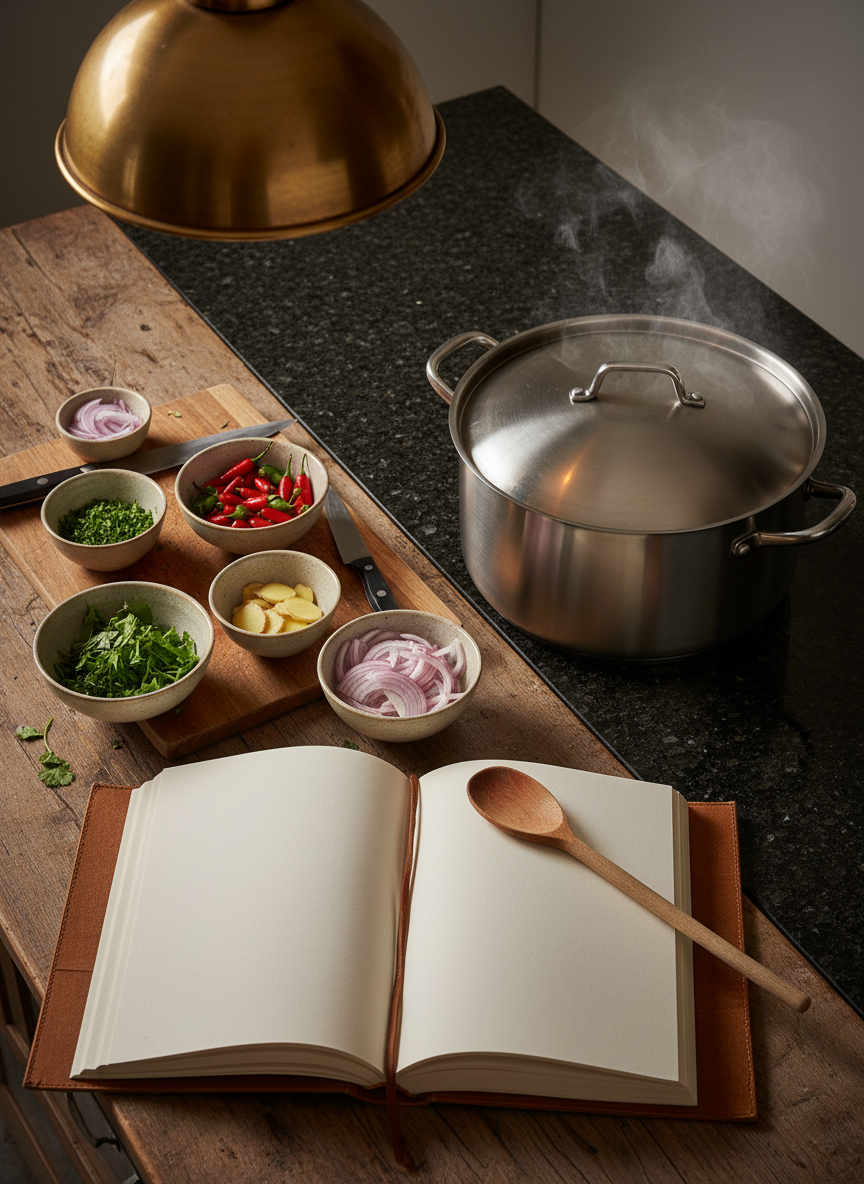 A rustic yet refined kitchen countertop scene featuring an open, text-free cookbook spread laid beside a neatly arranged mise en place for a classic Liberian pepper soup. A large, stainless-steel pot sits on a dark stone surface, surrounded by bowls of chopped herbs, sliced chilies, ginger, and translucent onion, each ingredient rendered in sharp photographic realism. Steam subtly rises from the pot, catching soft overhead pendant lighting that creates gentle reflections and nuanced shadows. No hands or people are visible, only utensils resting thoughtfully as if paused mid-preparation. Shot from a three-quarter overhead angle, the composition feels organized and narrative-driven, evoking the process of cooking while emphasizing the cookbook’s storytelling sophistication and the sensory richness of Liberian cuisine.