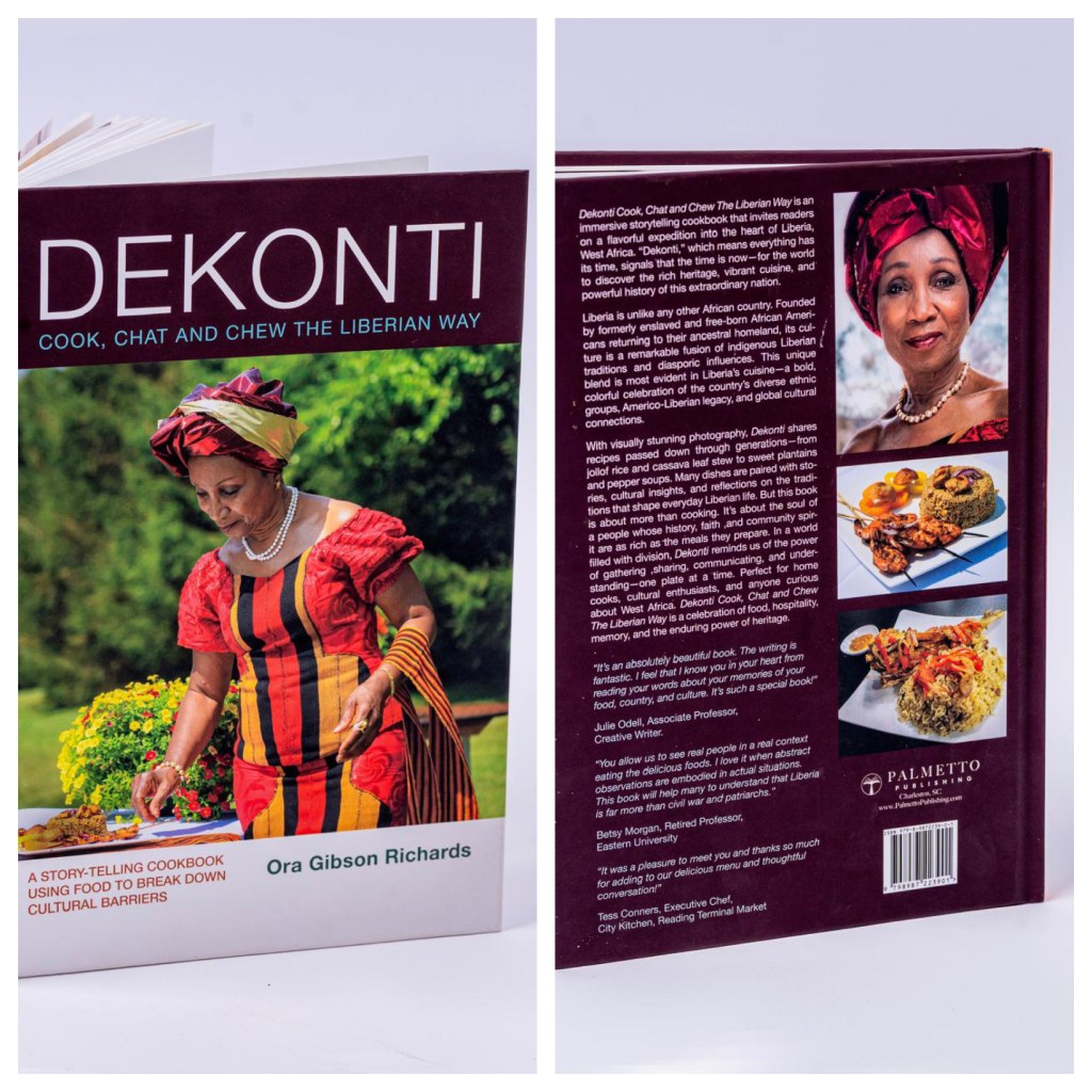 The image shows the front and back covers of a cookbook titled "Dekonti: Cook, Chat and Chew the Liberian Way" by Ora Gibs...